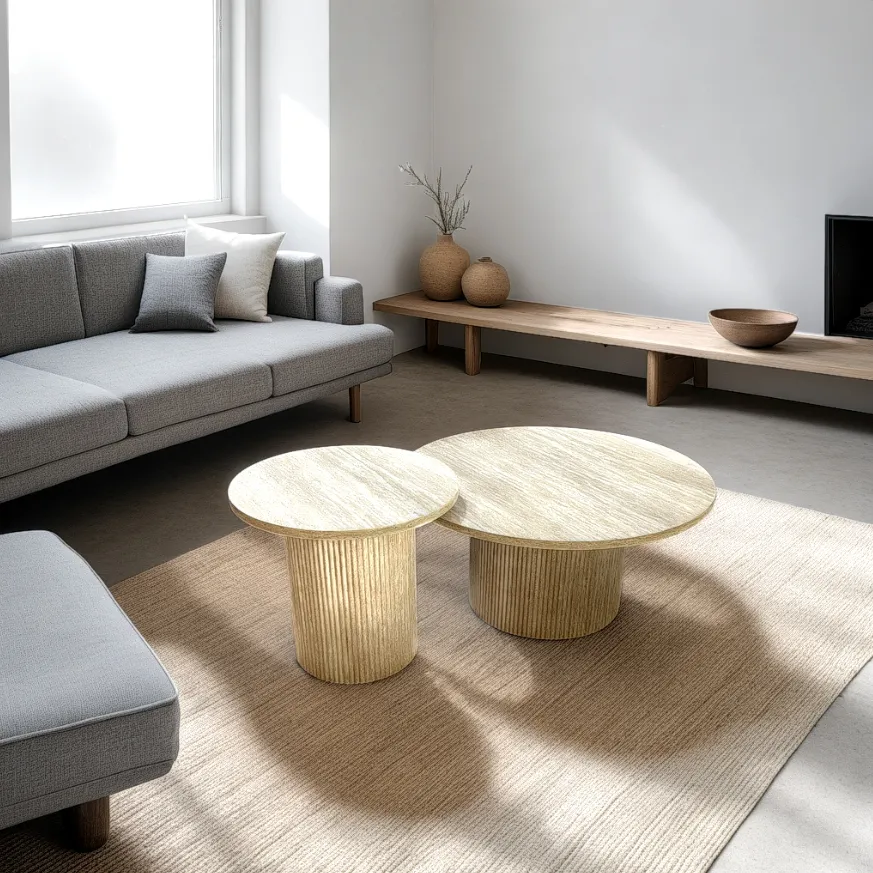 [UCTC053] Ensemble De 2 Tables Centrales Rondes "TRAVERA" Effet Travertin