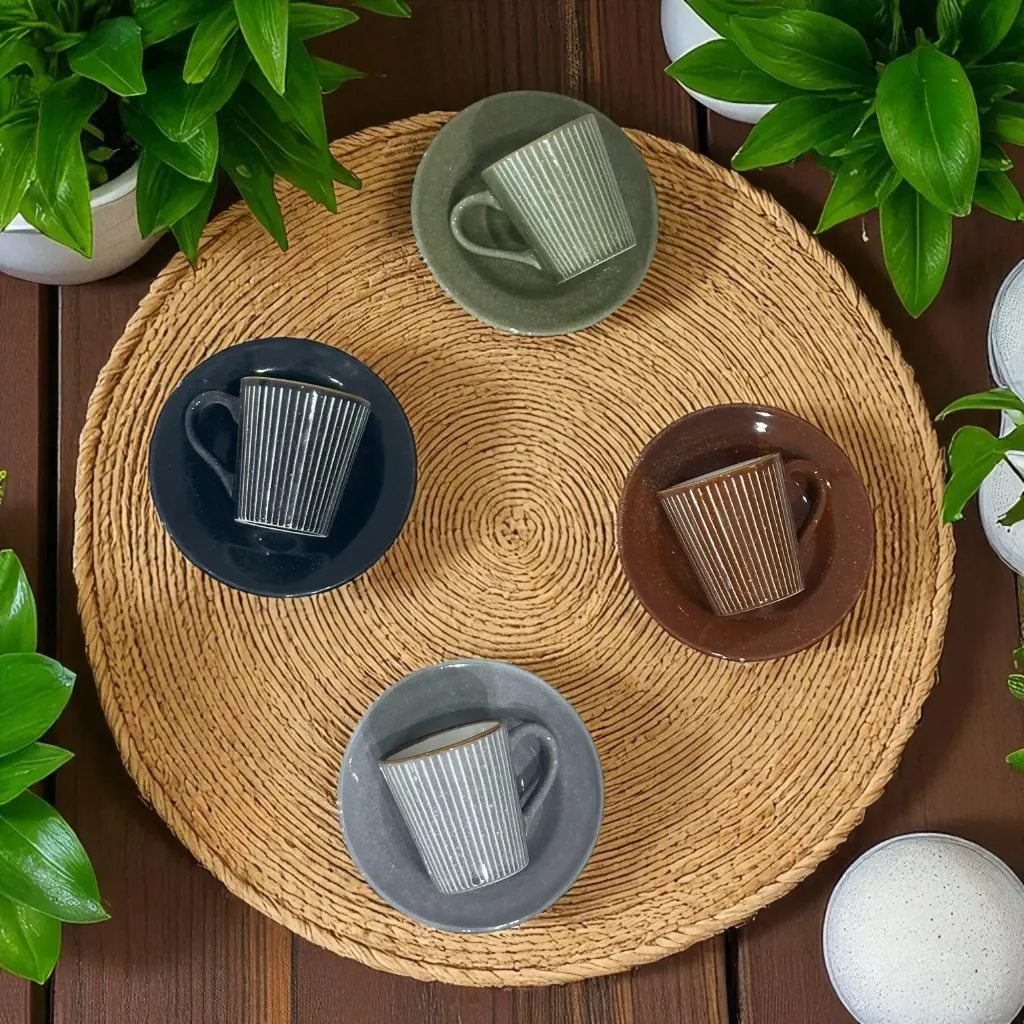 [6665202070585-B] Lot De 6 Tasses à Café + Sous-Tasses À Rayures 80ml (Bleu Nuit)