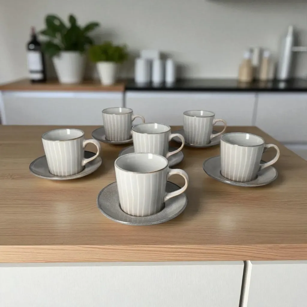 [6665202070288] Lot De 6 Tasses À Café + Sous-Tasses À Rayures Concentriques (100ml)