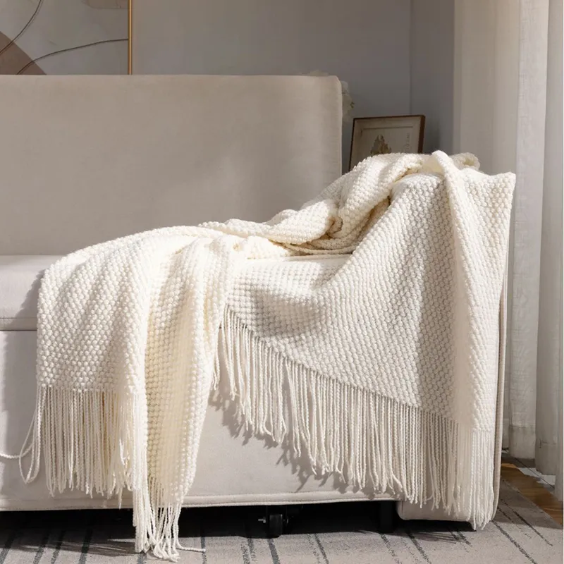 [UCPL002BC] Plaid Texturé À Franges (Blanc Cassé)