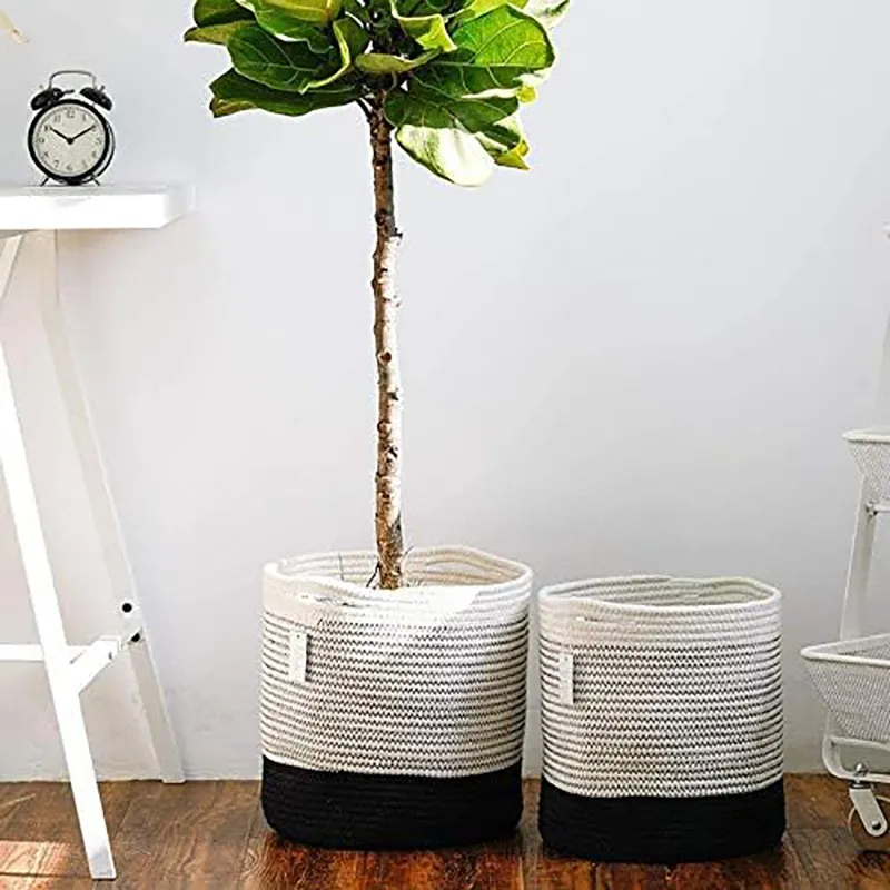 [UCCP004G] Panier En Corde De Coton Tissé Blanc/Noir (Grand)