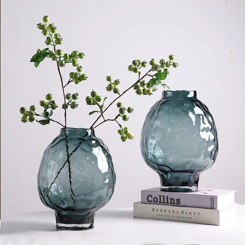 [UCV102G] Vases Bulles En Verre Ambré (Ensemble De 2) (Bleu Gris)