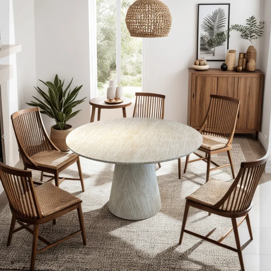 [UCTM027] Table À Manger Ronde "STELLARO" Effet Travertin