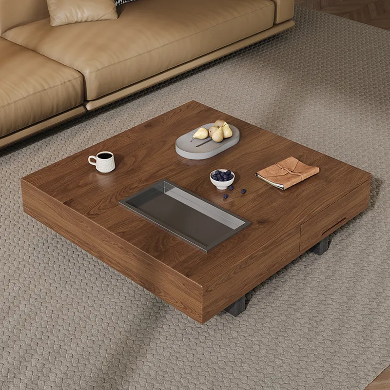 [UCTC007] Table Basse Carrée En Bois + Plateau Encastré