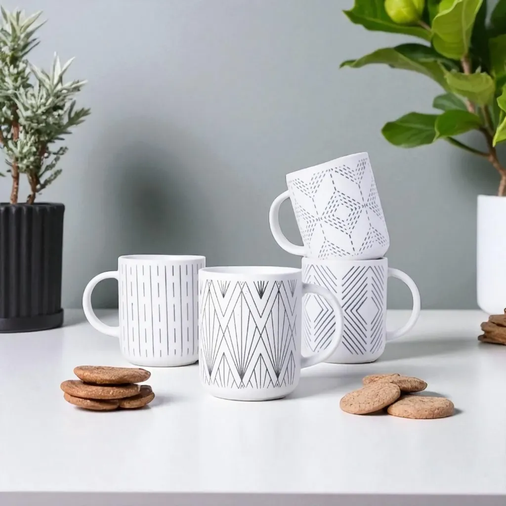 [6665202060036] Lot De 4 Tasses À Motifs Géométriques 450ml