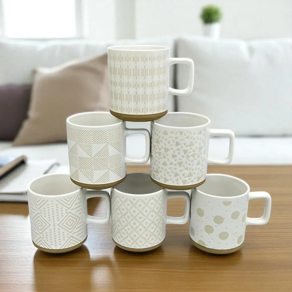 [6665202087835] Lot De 6 Tasses À Motif Beige 400ml
