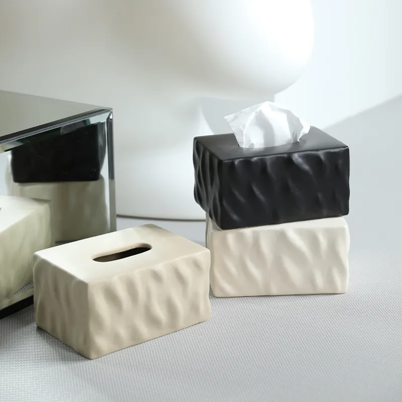 [UCD023BE] Boîte À Mouchoirs En Céramique Effet Froissé (Beige)
