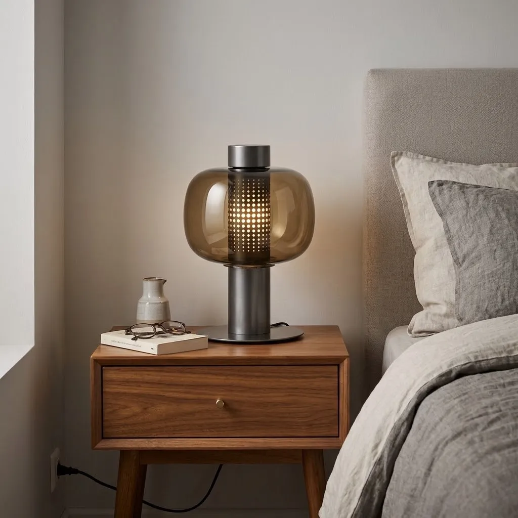 [UCLC007A] Lampe En Verre Fumé Et Métal Perforé (Ambre)