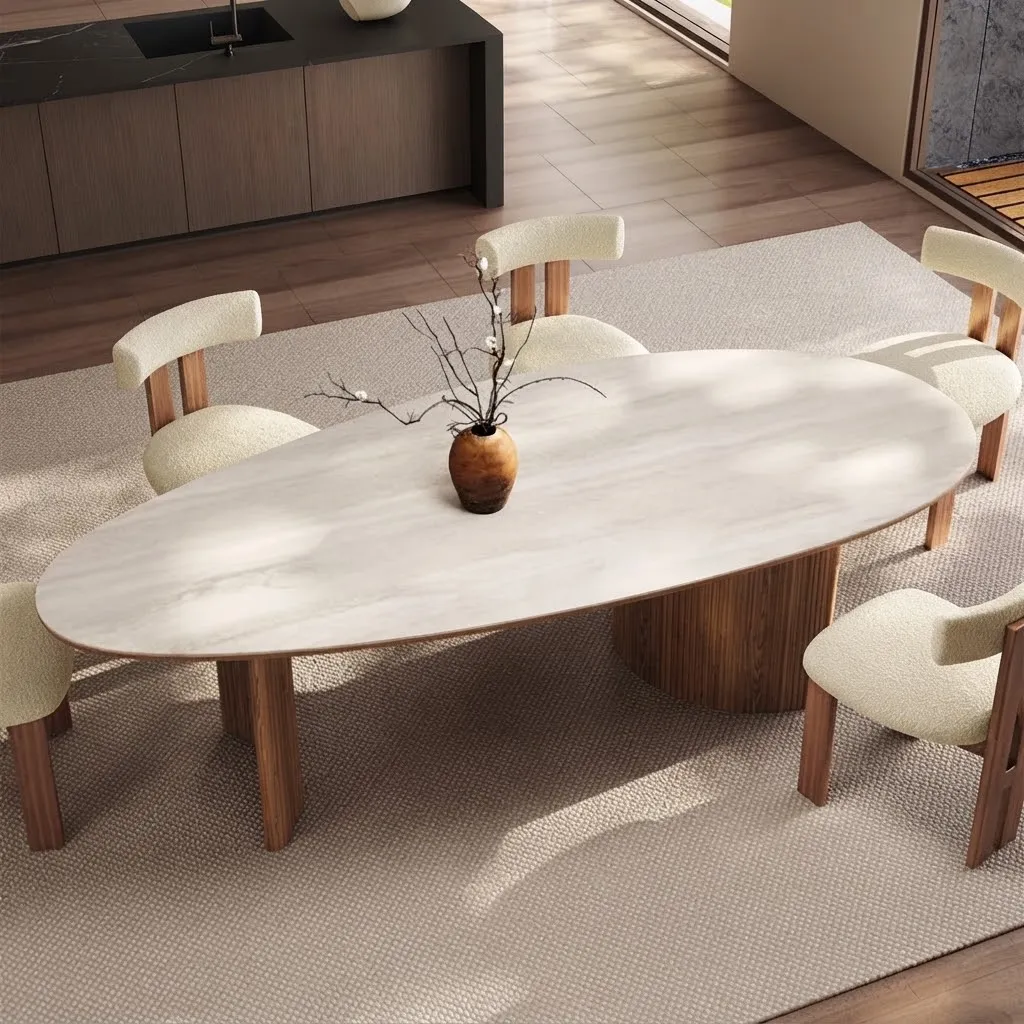 Grande Table À Manger Ovale Au Design Organique En Céramique Travertin