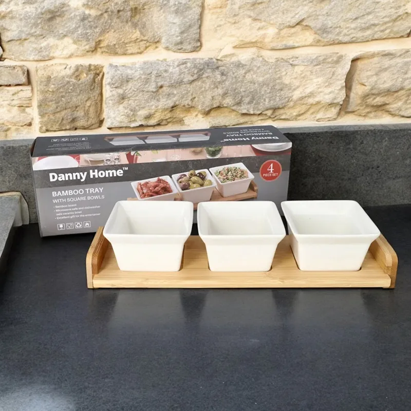 [6665202054080] Set De 3 Bols Et Plateau En Bois